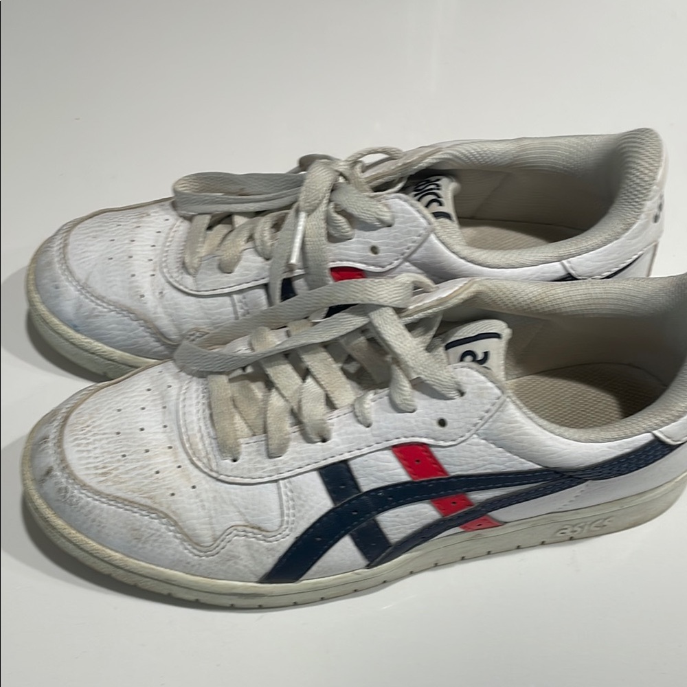 Asics White Sneakers with Red and Blue Stripes